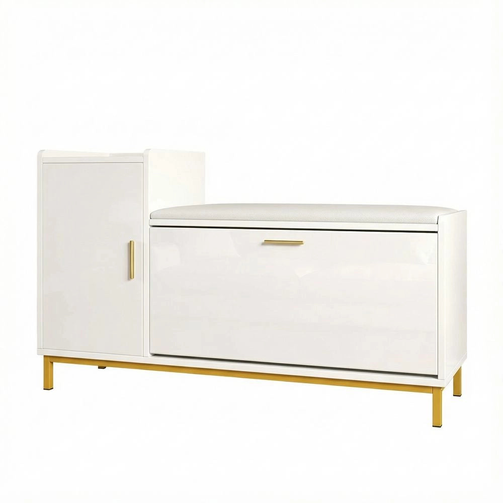 Panchina porta scarpe 100x38x68 cm - Xylo - 2 scomparti, seduta imbottita, piedi metallo oro, bianco e oro
