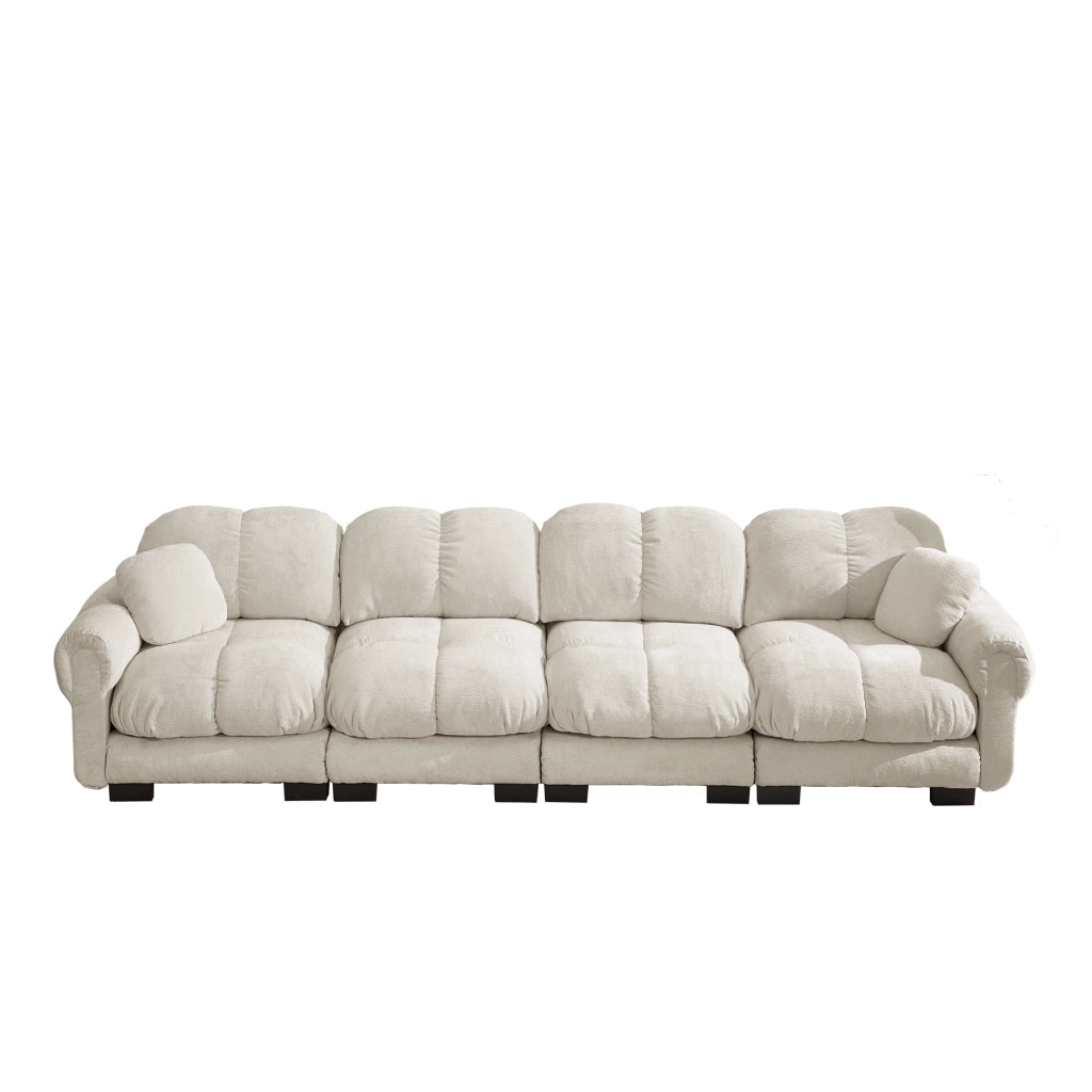 Divano modulare 4 posti con cuscini trapuntati e schienale curvo, in ciniglia, Beige chiaro
