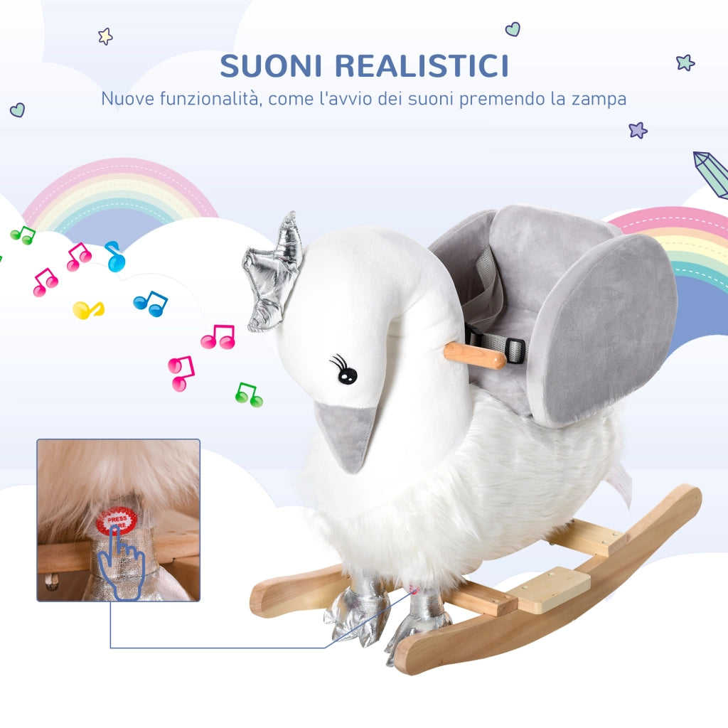 Cigno a Dondolo per Bambini ¨C zephmum ¨C Bianco e Grigio in Legno e Peluche