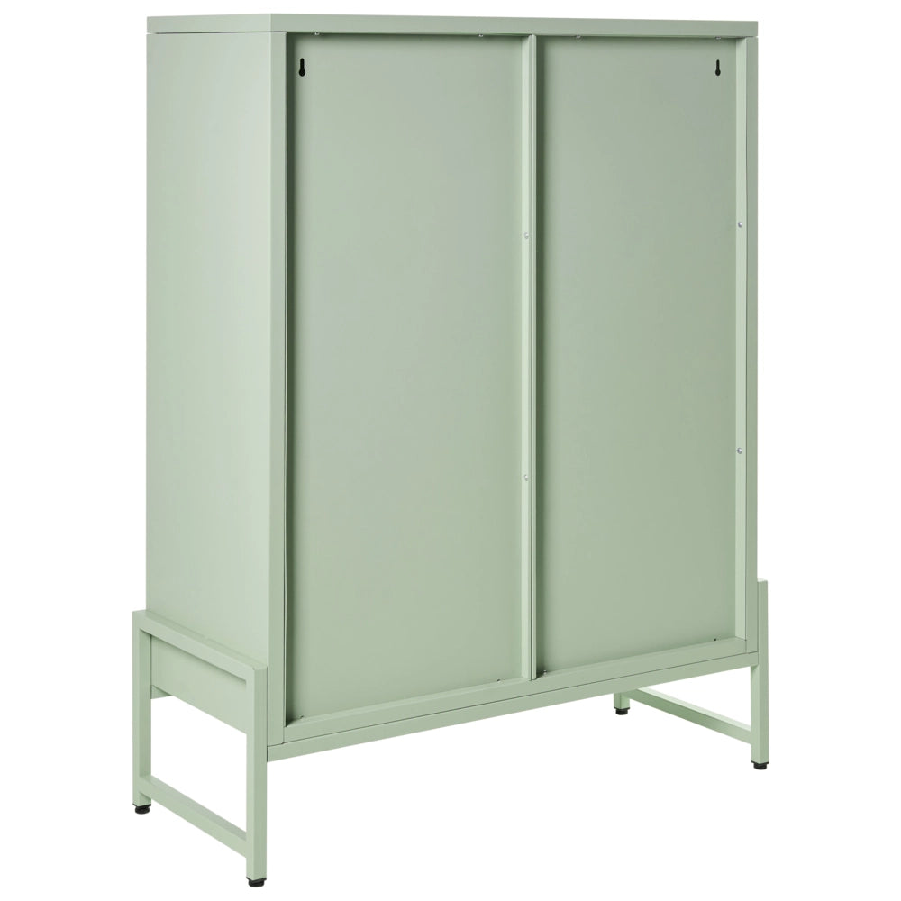 Credenza in acciaio con 2 ante ovali traforate e 5 ripiani verde menta stile industriale moderna