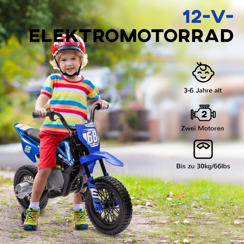 Moto elettrica per bambini, 12V, con musica, veicolo per bambini con rotelle, 3-6 anni, blu