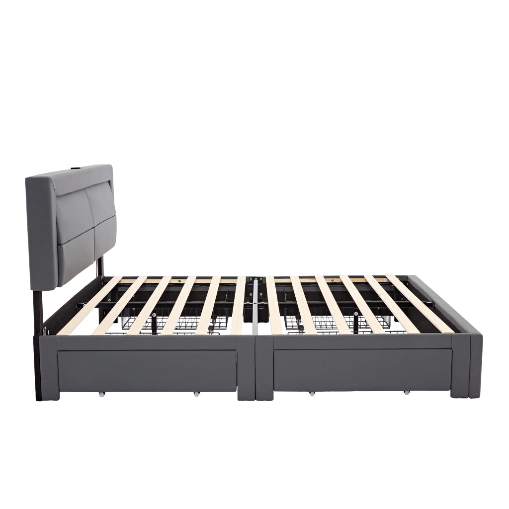 OKWISH Letto con Cassetti 140×200 cm, Letto Matrimoniale con USB, Ricarica Wireless, LED Regolabile e 4 Cassetti, senza Materasso, in PU, Grigio