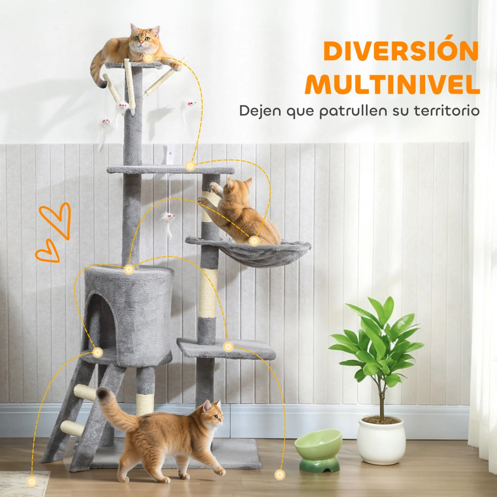 Tiragraffi per Gatti 134cm ¨C Xylo ¨C 6 Pali 3 Piattaforme Grotta Amaca Scala 4 Giochi Grigio