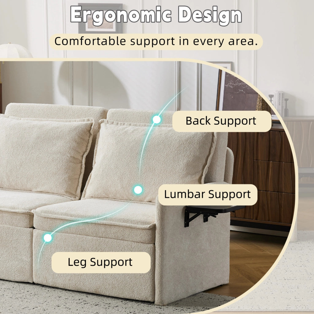 Divano letto ULEVR in ciniglia beige con schienale regolabile, tasche laterali e porta USB/Type-C