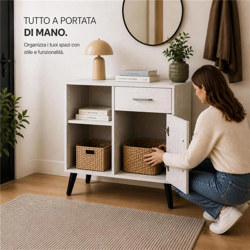 MOBILE MODERNO IN LEGNO CON 2 RIPIANI, 1 ANTA E CASSETTO COLORE BIANCO DIMENSIONI 94X38X74 CM