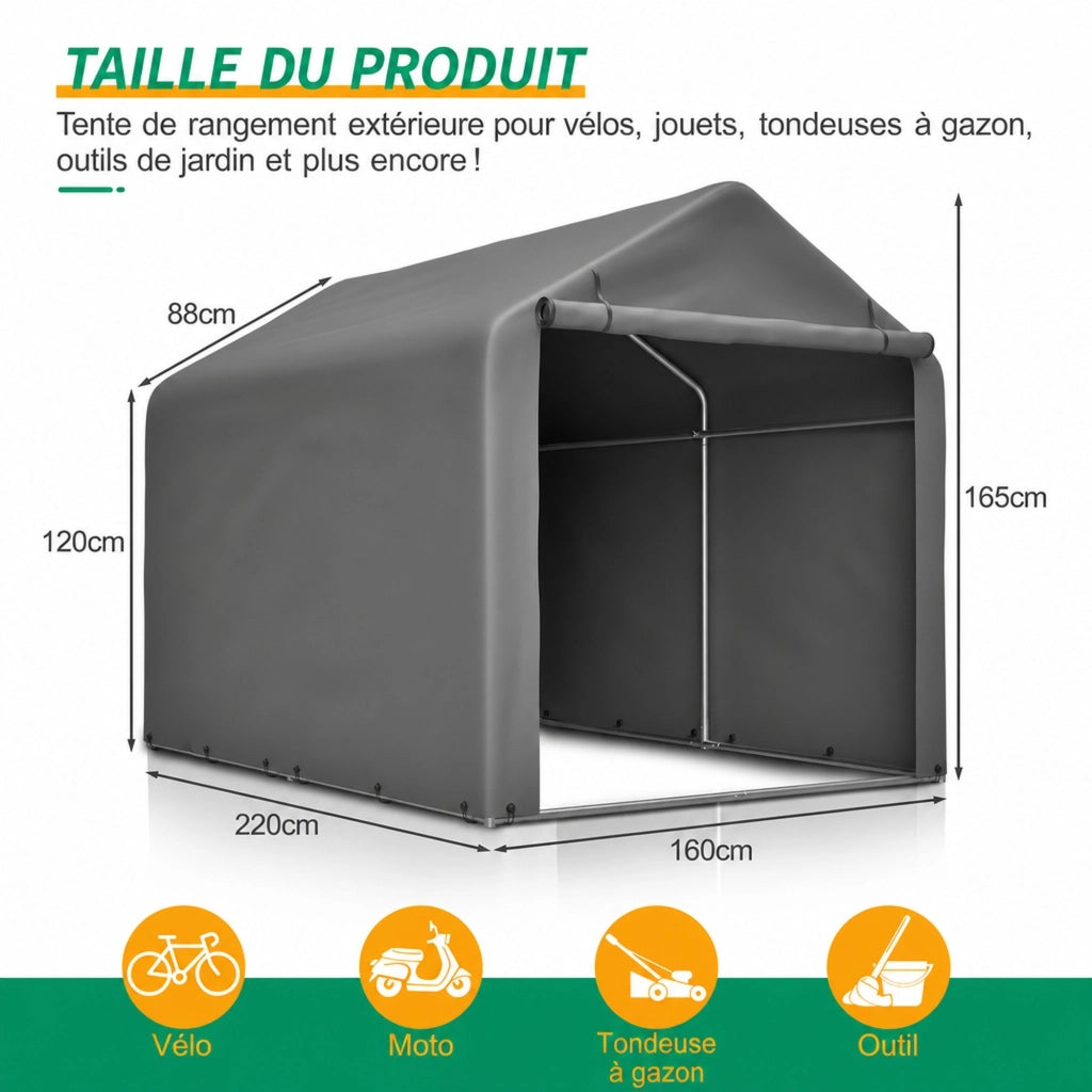 Garage per Biciclette Grigio 160 x 220 x 165 cm In Metallo E Pe Per Esterno Con Tetto Trapezoidale E Porta A Rullo