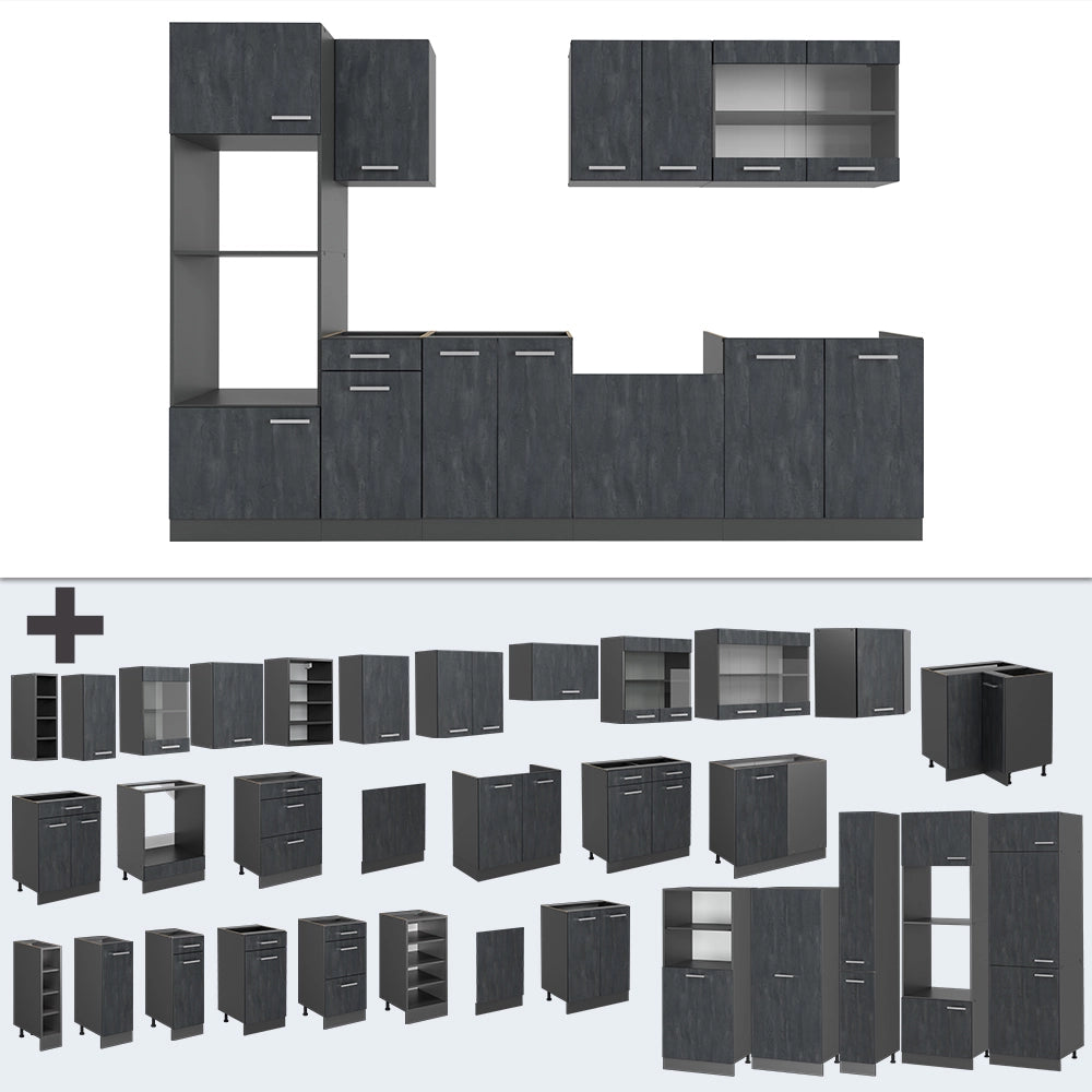 Cucina componibile R-Line Calce nera/Antracite 300 cm senza piano di lavoro Vicco