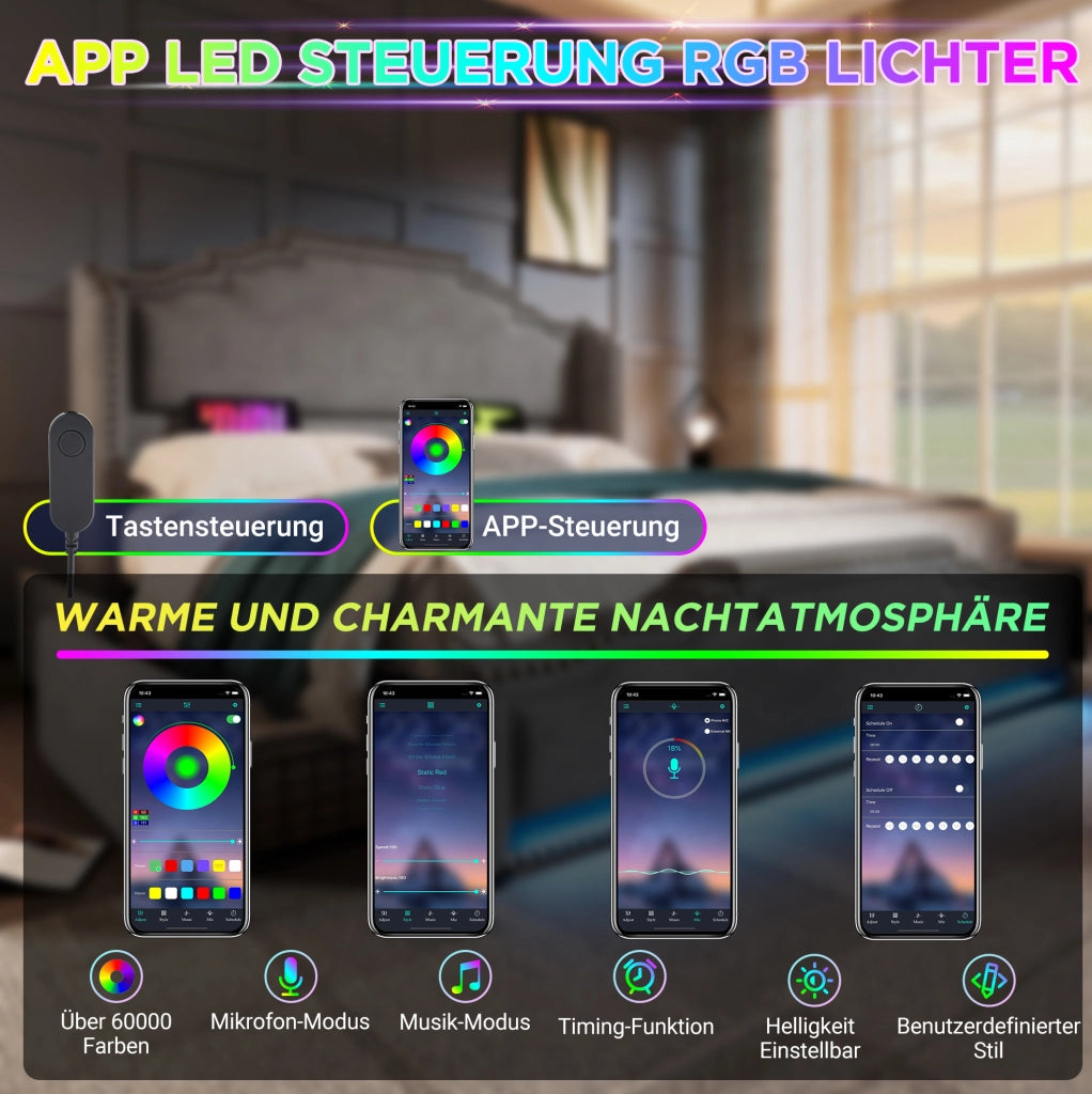 Letto 140x200 grigio con LED, USB-C, 4 cassetti e materasso