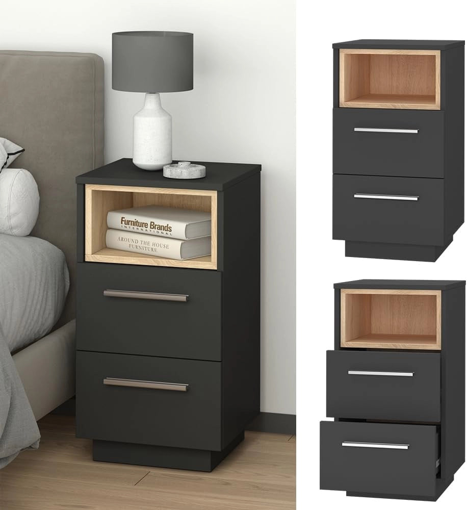 Comodini camera da letto Beatrice, Antracite, Set di 2, per riporre oggetti in modo salvaspazio accanto al letto