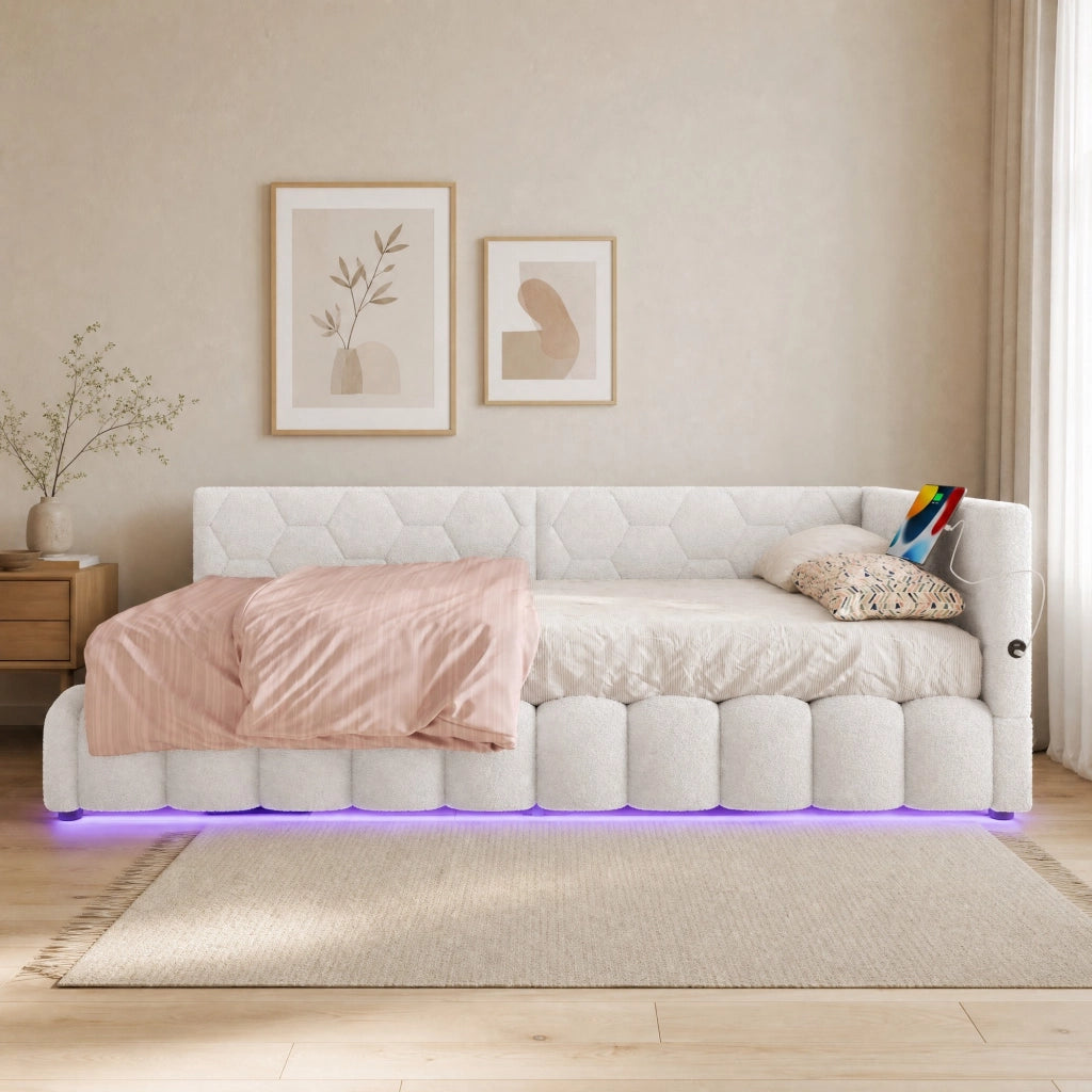 LETTO 90x200 cm con rete, LED, sollevamento idraulico, USB e Type-C, Bianco