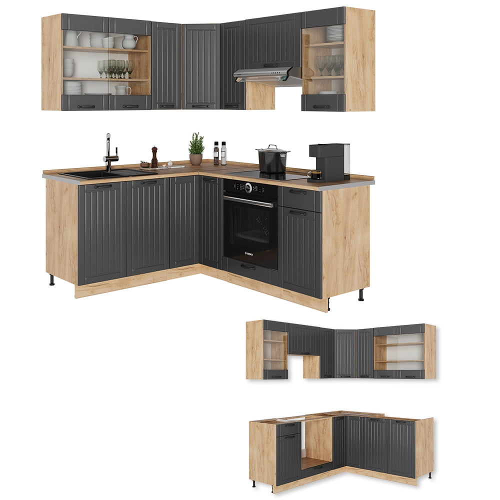 Cucina angolare completa Fame-Line Grigio scuro/Rovere dorato 190 x 60 cm, PL Marmo Vicco