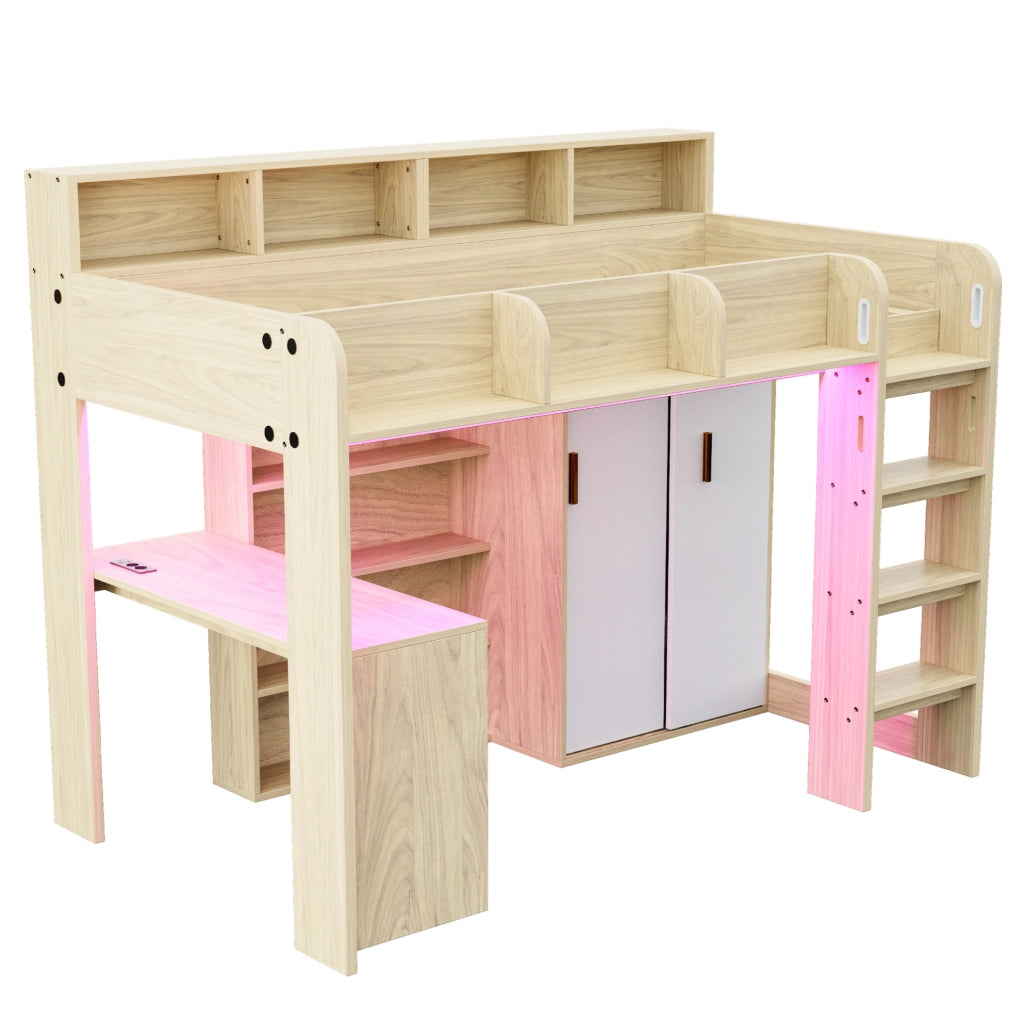 Letto a soppalco 90x200 cm con scrivania; armadio; ripiani; LED e presa; legno naturale
