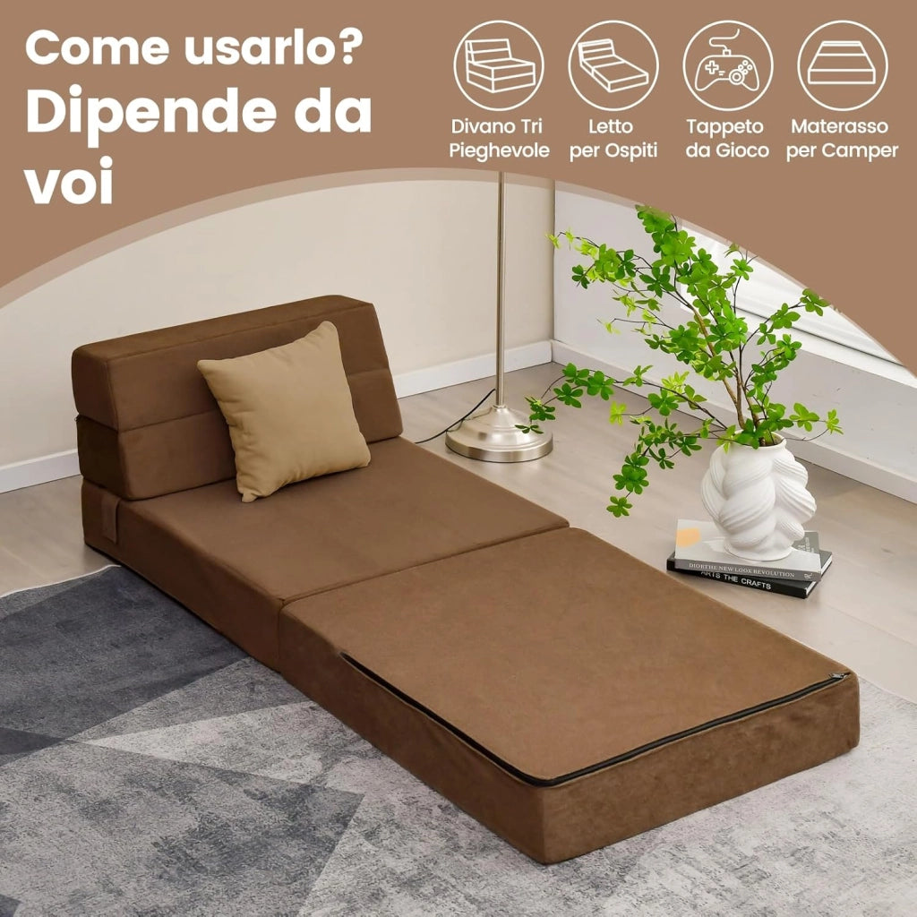 3 in 1 Divano Letto, Materasso da Pavimento 15 cm in Schiuma ad Alta Densità Traspirante, Letto Ospite Portatile per Soggiorno Camera (Marrone)