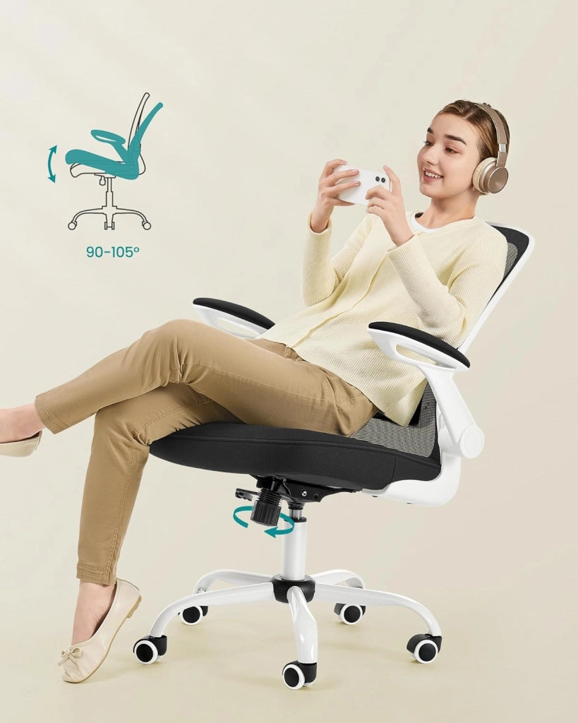 SONGMICS Sedia da Ufficio Girevole, Sedia di Rete da Computer Ergonomica, Supporto Lombare, Oscillante, Seduta 53 cm, Braccioli Pieghevoli, Bianco e Nero OBN37WT