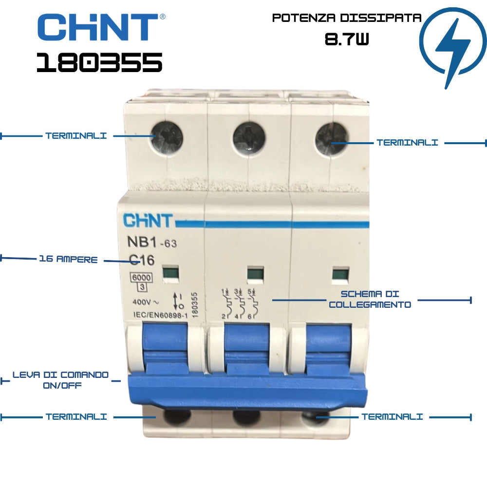 Chint nb1-63 interruttore magnetotermico 3p curva c 6ka guida din *** ampere 16 ampere, confezione 1