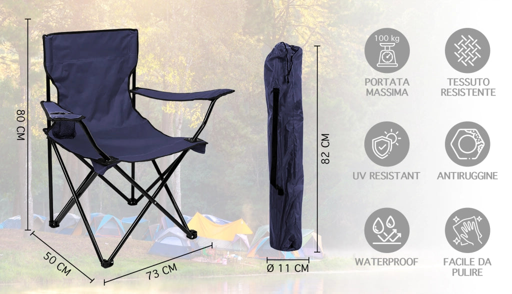 Sedia Camping Pieghevole Struttura In Acciaio Con Tasca PortaBevande Campeggio Sedie Portatile Pescatore SalvaSpazio Impermeabile Antiruggine Vacanze Mare Spiaggia Lettino  Blu