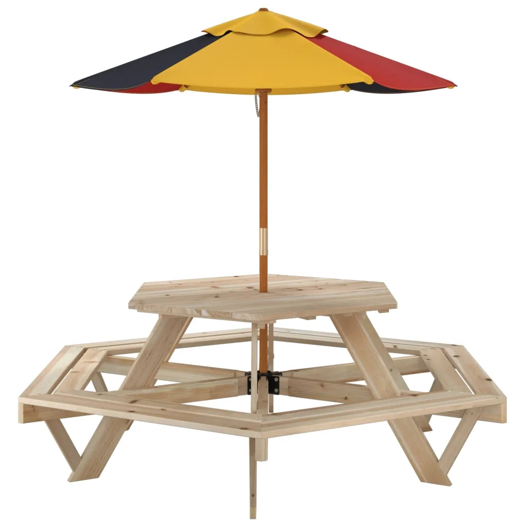 vidaXL Tavolo Picnic per 6 Bambini con Ombrellone Esagono Legno Abete