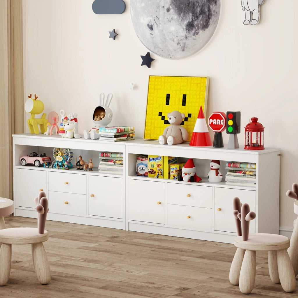 Organizzatore per giocattoli per bambini con scomparto aperto 2 cassetti e 2 ante-Scaffale per libri in legno Bianco