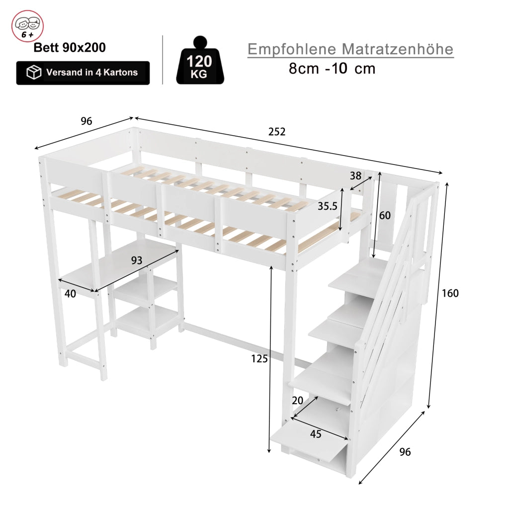 OKWISH Letto a Soppalco 90×200 cm, Letto Singolo con Scala Contenitore, Mensola e Sponde, senza Materasso, in Legno, Bianco