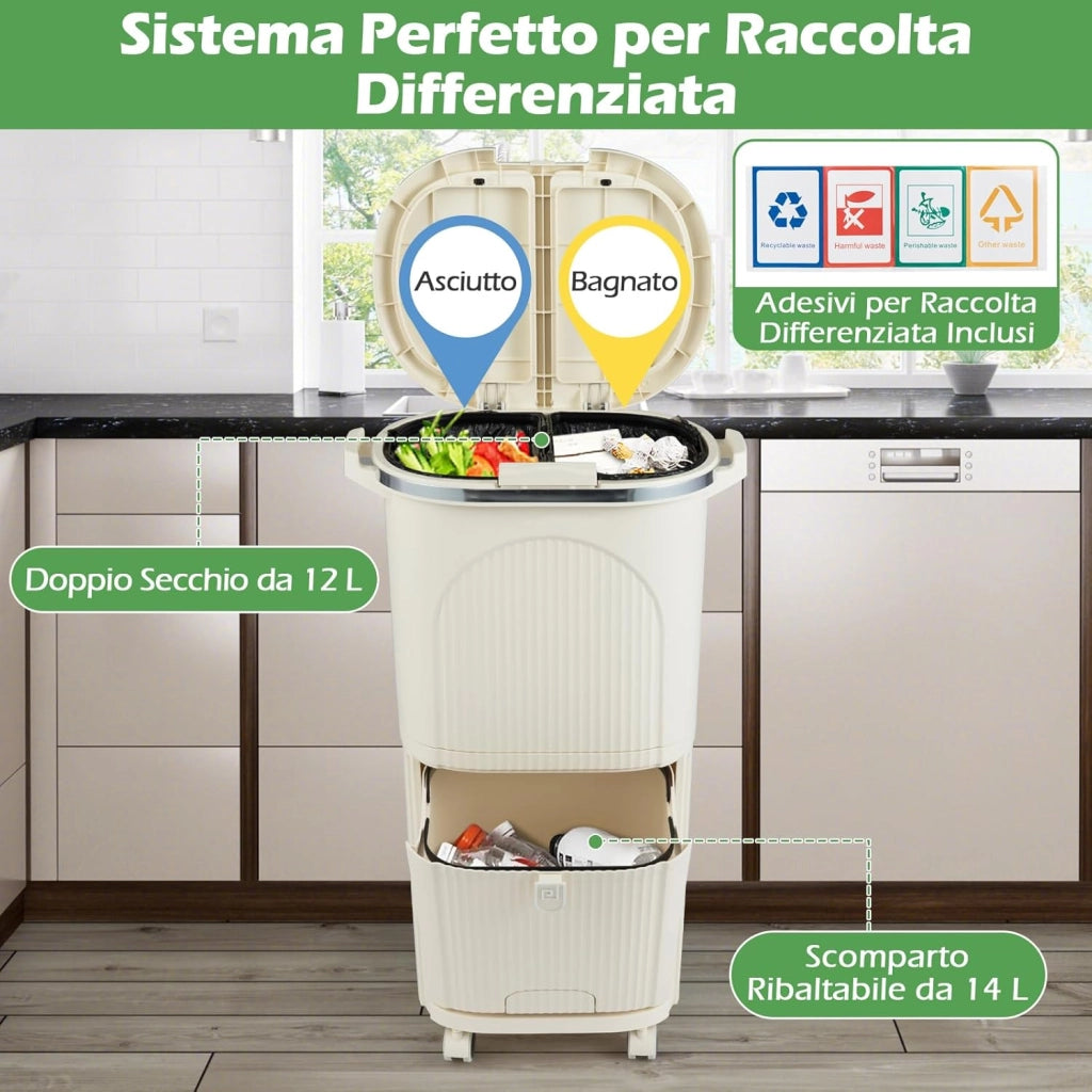 38 L（12+12+14 L） Pattumiera Differenziata, Secchio Spazzatura a 3 Scomparti con Coperchi, 2 Secchi Rimovibili Pedale e Ruote, Bidoni Differenziata per Bagno Cucina Ufficio