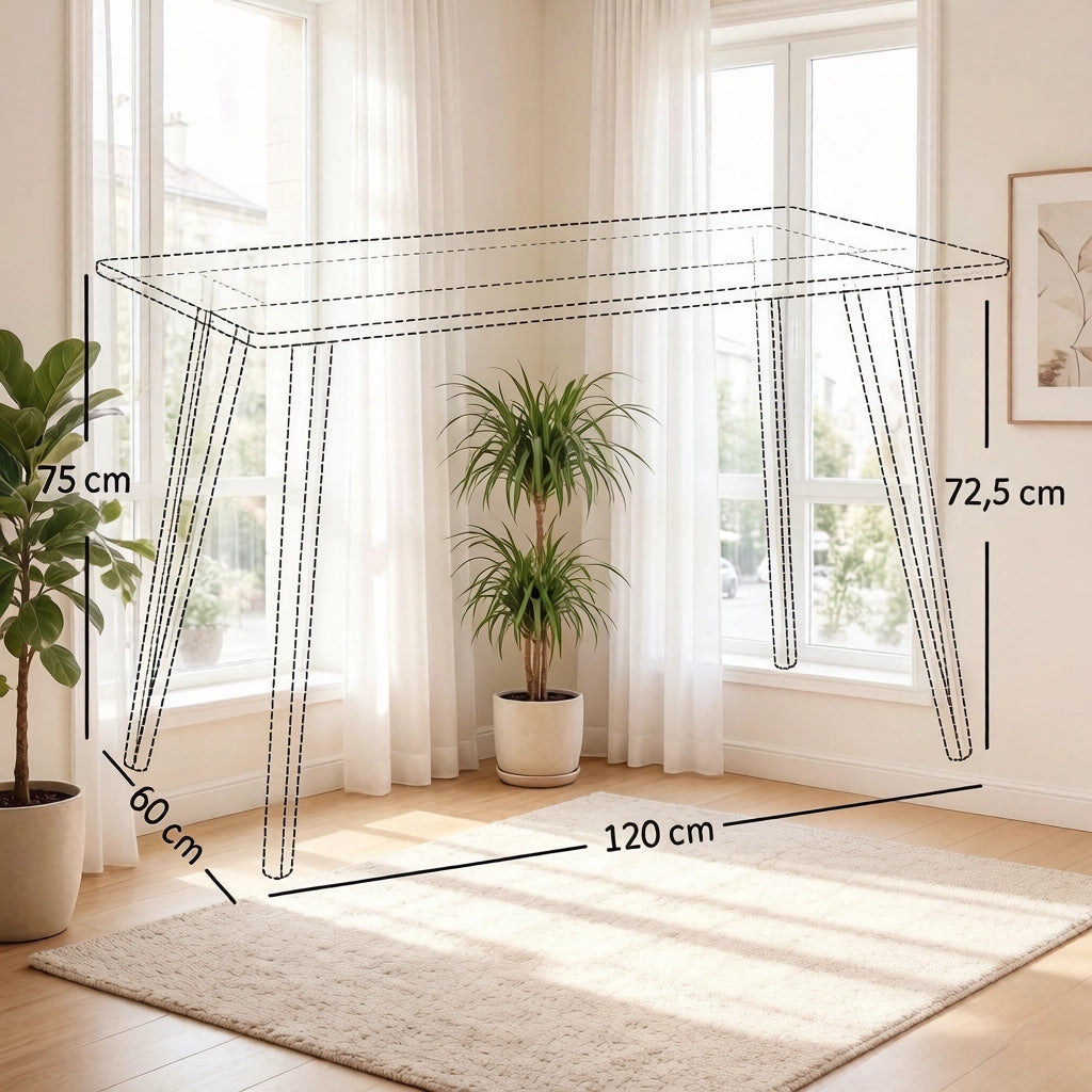 Tavolo rettangolare con piano 120 × 60 cm e 4 gambe in metallo, per soggiorno sala da pranzo e cucina, nero e rovere chiaro