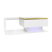Tavolino Da Caffè 90 cm con Piano in Vetro e LED 16 Colori; Vani a Giorno; Bianco Lucido; 90×50×32;5 cm