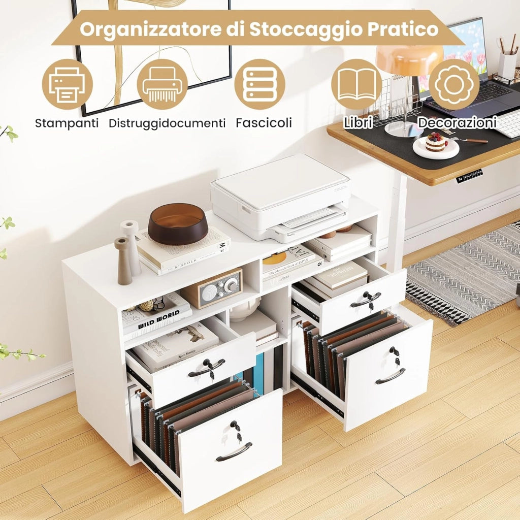 Armadietto Portadocumenti, Mobile da Ufficio Laterale con 4 Cassetti Adatto per File Formato A4/Lettera e 5 Ruote Universali Bloccabili, Credenza in Metallo per Scrivania (Bianco)