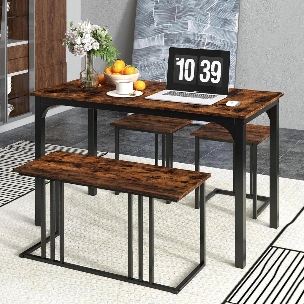 Set Tavolo da Pranzo 4 Pezzi 120x60x75cm, Tavolo da Cucina con 2 SgabellI e Panca in Stile Industriale per Sala da Pranzo, Bar e Ristorante (Marrone)
