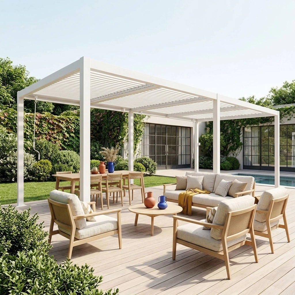 Pergola bioclimatica 3x6m in alluminio e acciaio, lamelle orientabili,