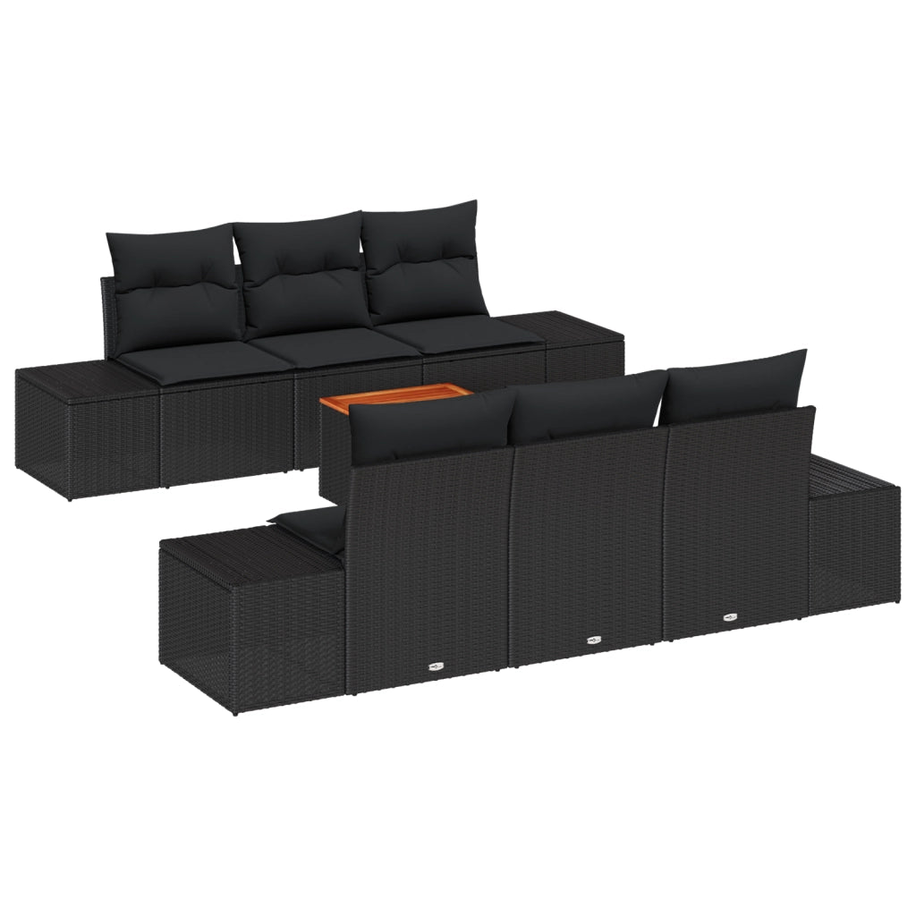 Set di divani da giardino 7 pezzi con cuscini neri in polyrattan