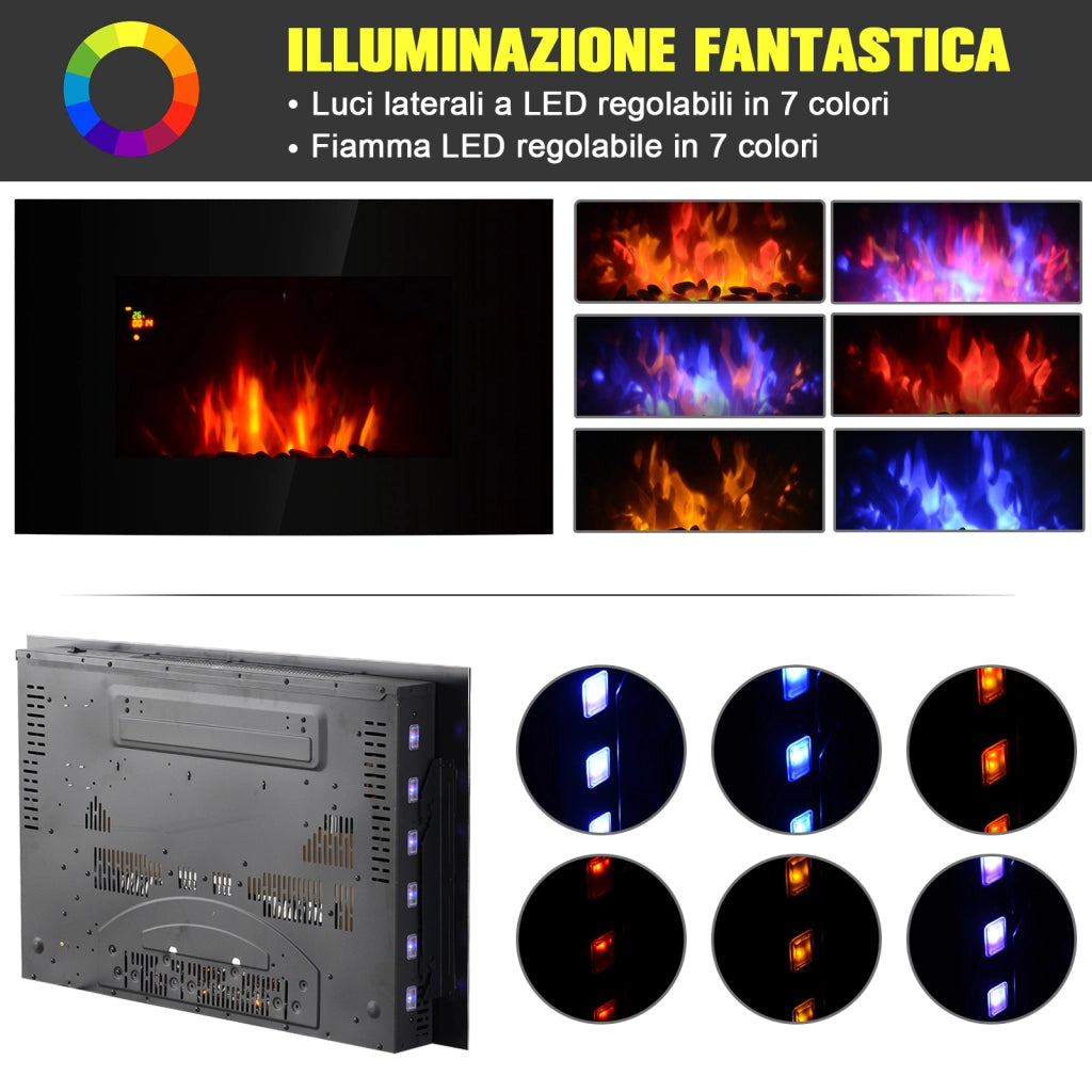 EasyComfort Camino Elettrico da Parete Potenza 1000W/2000W Effetto Fiamma 7 Colori