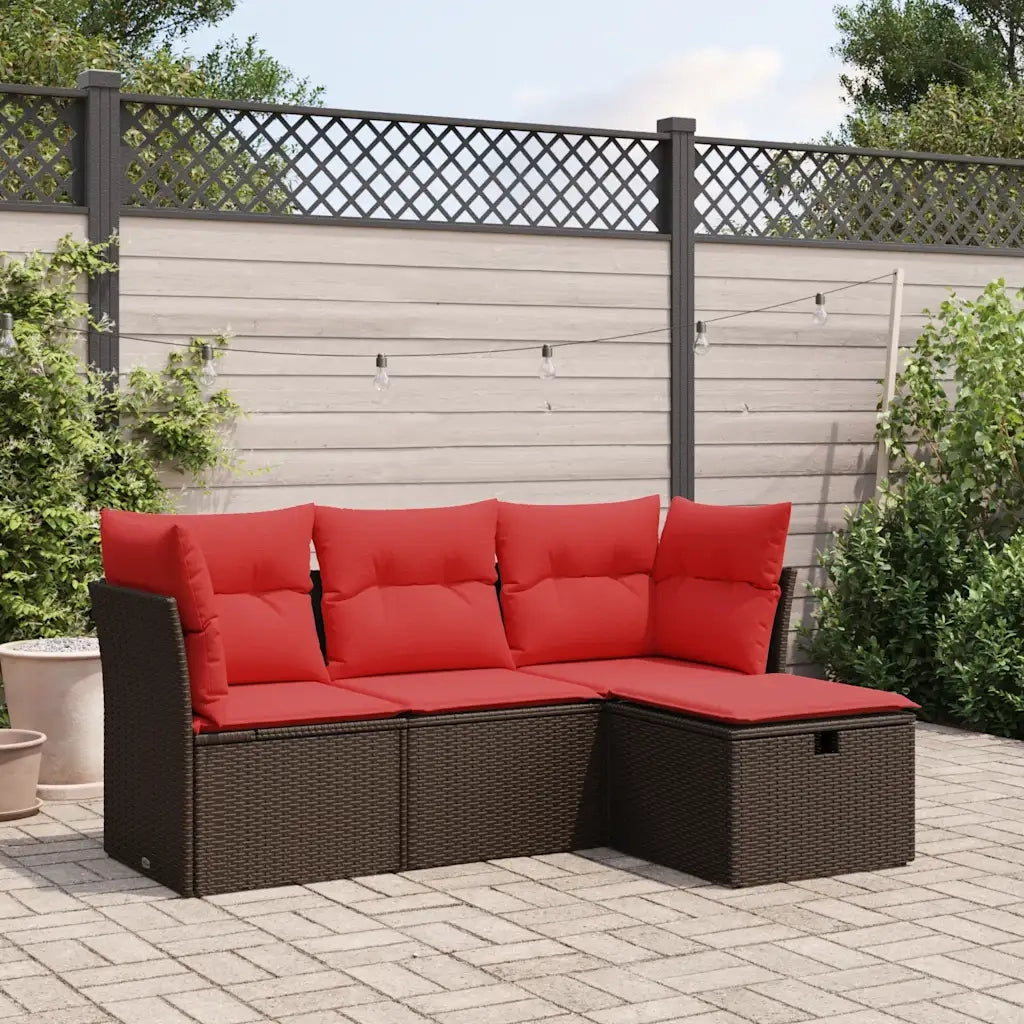 Set Divano da Giardino 4 pz | Set Salotto da Giardino con Cuscini Marrone in Polyrattan