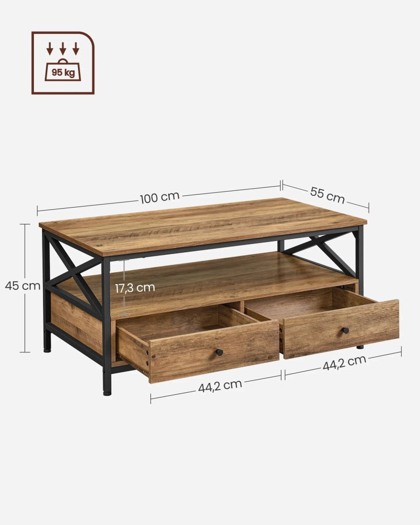 Tavolino da caffè tavolo da soggiorno credenza bassa con 2 cassetti e un vano aperto struttura in acciaio a forma di X 100 x 55 x 45 cm stile industriale marrone 12_0007486