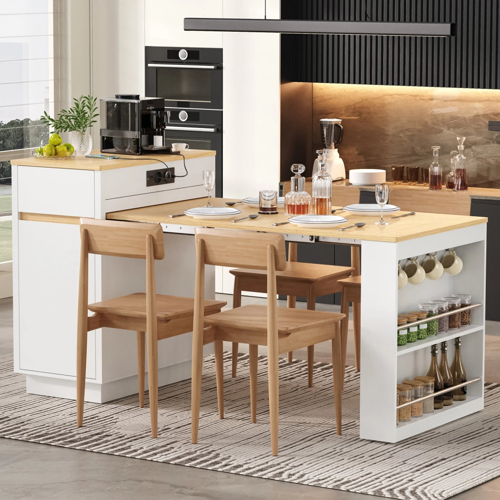 Tavolo allungabile con piano estraibile; 4 cassetti; 4 ganci; LED e ripiani; per cucina e sala da pranzo