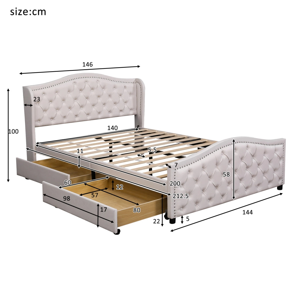 Letto matrimoniale 140x200 cm in PU bianco con rete a doghe; 2 cassetti e testiera Chesterfield