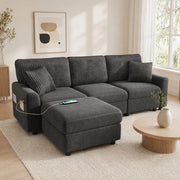 Divano Convertibile con 1 Porta USB, 1 Porta Type-C, Pouf, 2 Cuscini, in Chenille e Velluto a Coste, Grigio