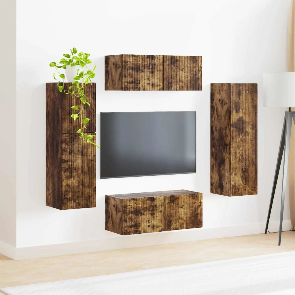 Set mobile TV 4 pz-Credenza per TV Rovere fum¨¦ Legno multistrato 274084
