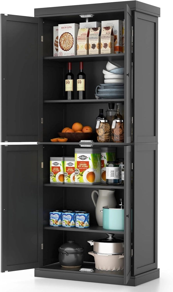 Credenza Alta da Cucina 184.5 cm, Mobile Cucina Dispensa con 2 Ripiani Regolabili, Mobile Buffet con 2 Armadi con Ante, per Soggiorno, Sala da Pranzo, Bagno, 76 x 40 x 184,5 cm (Nero)