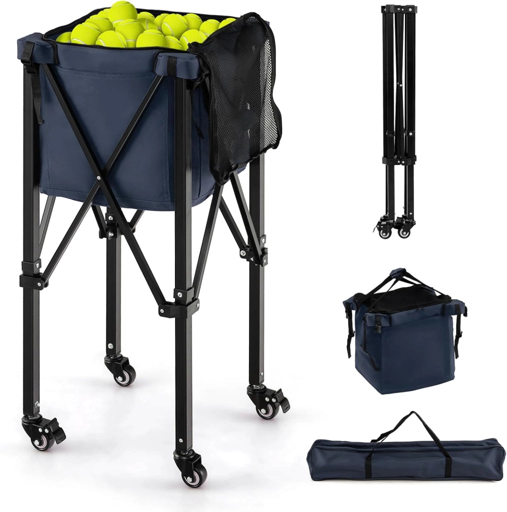 Carrello Porta Palline da Tennis, Carrello da Tennis Pieghevole in Alluminio con Ruote Frenate, Borsa Rimovibile Tasche Laterali, Borsa per Il Trasporto, Max 150 Palline Tennis