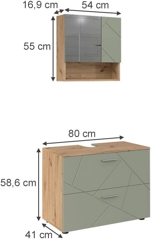 Set di mobili da bagno Irma, Verde salvia, 80 cm, composto da specchio da bagno e mobile sottolavabo