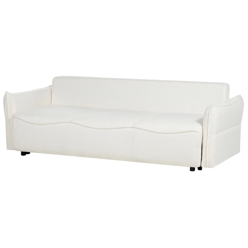 Divano letto in tessuto bouclé bianco convertibile con cuscini aggiuntivi rimovibili, con rivestimento in stile moderno e minimalista.