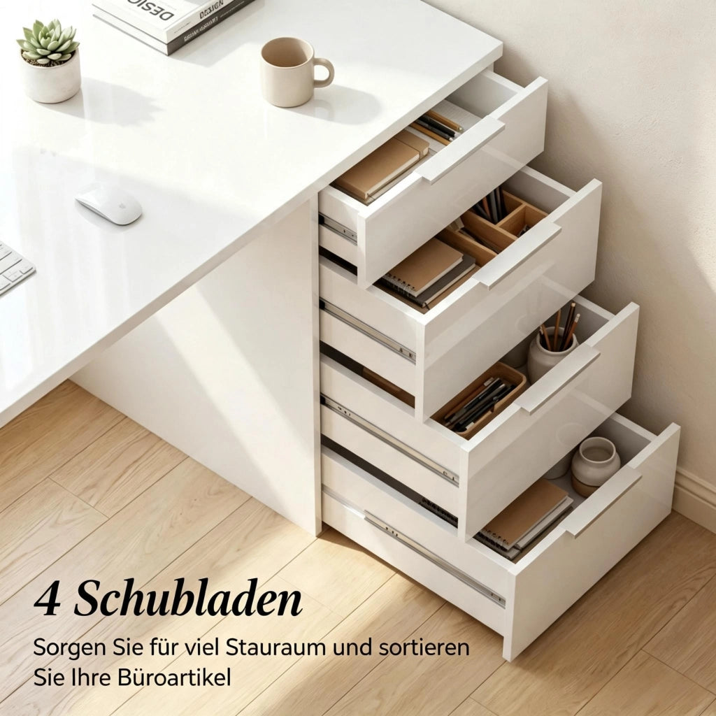 Scrivania dritta con 4 cassetti in pannello truciolare bianco lucido per ufficio e studio 110 × 61.5 × 75 cm