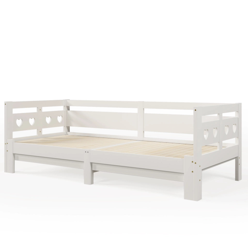 OKWISH Letto estraibile 90×200 cm, Letto Singolo allungabile, Cuore, rete con ruote, senza Materasso, in Legno, Bianco