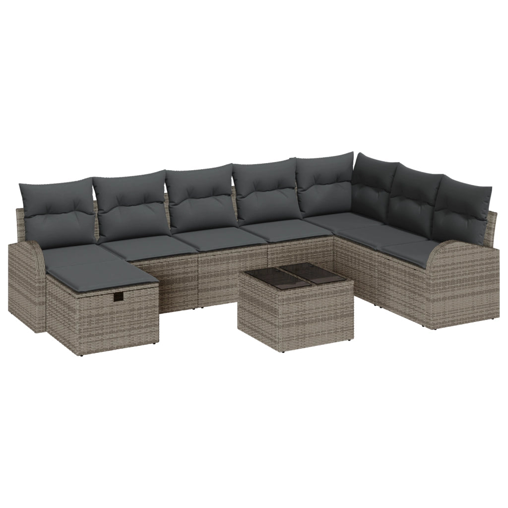 Set da giardino 9 pezzi con cuscini grigi in polirattan