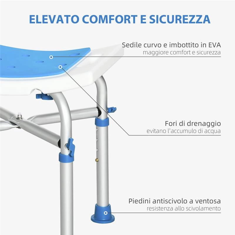 SEDIA PER DOCCIA IN ALLUMINIO ALTEZZA REGOLABILE E PIEDINI ANTISCIVOLO A VENTOSA