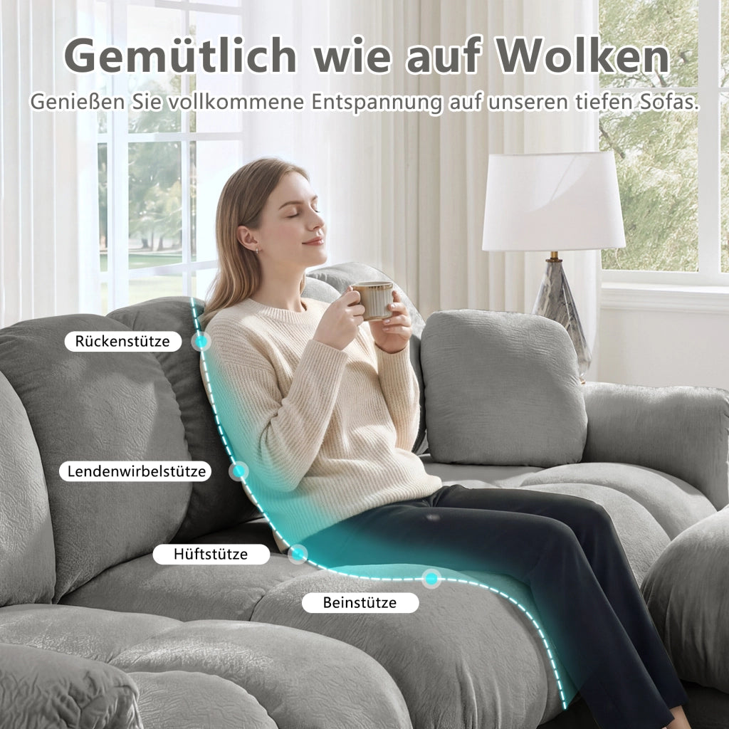 Divano angolare modulare a l con pouf mobile e cuciture trapuntate in tessuto chenille grigio chiaro 330 × 149 × 90 cm