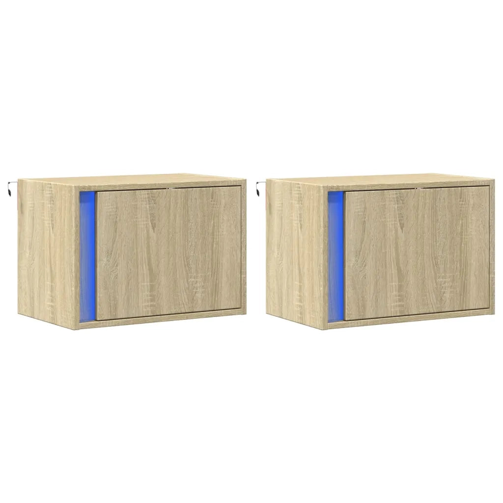 Comodini a Parete con luci LED 2 pz Rovere Sonoma