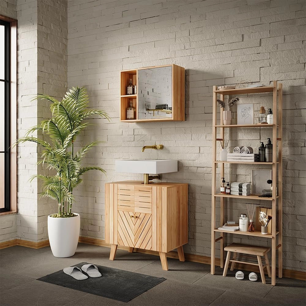 Mobiletto per lavabo Lucie, Bambù, 60 x 65 cm con 2 porte, adatto per la conservazione salvaspazio di accessori da bagno
