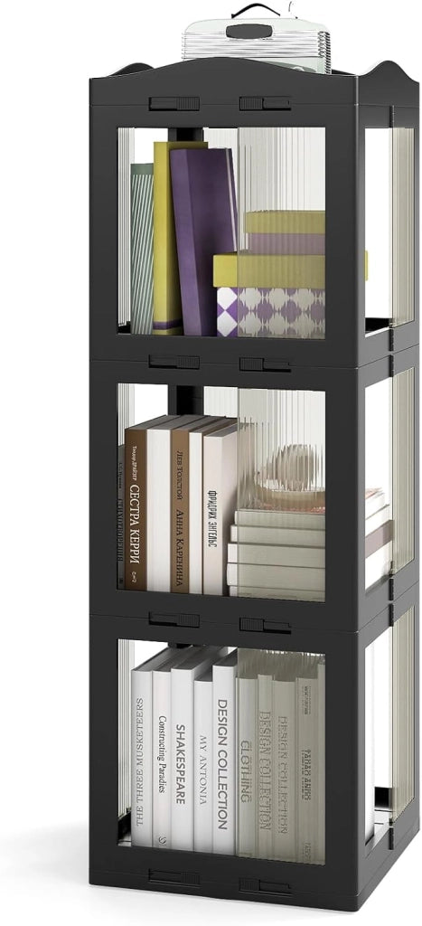 Libreria Girevole Pieghevole, Scaffale Traslucido Girevole a 360° con Base Rotante, Scaffale Alto Angolare da Esposizione per Soggiorno, Studio (Nero,5 Livelli)
