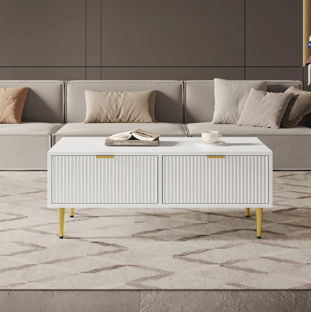 Tavolino da caffè bianco 100x50x40 cm con 2 cassetti; dettagli oro; MDF
